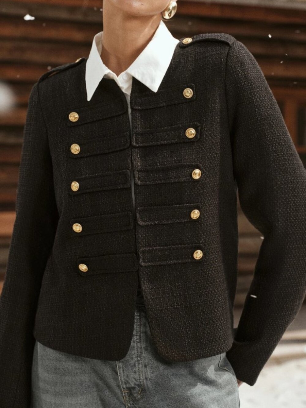 Brown Tweed Military Band Trim Hook Button Front Collarless Jacket